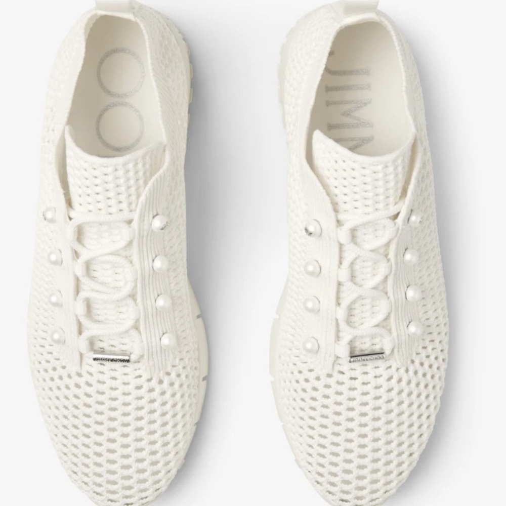 Jimmy Choo Latte Crochet Knit Low-Top Trainers with Pearls